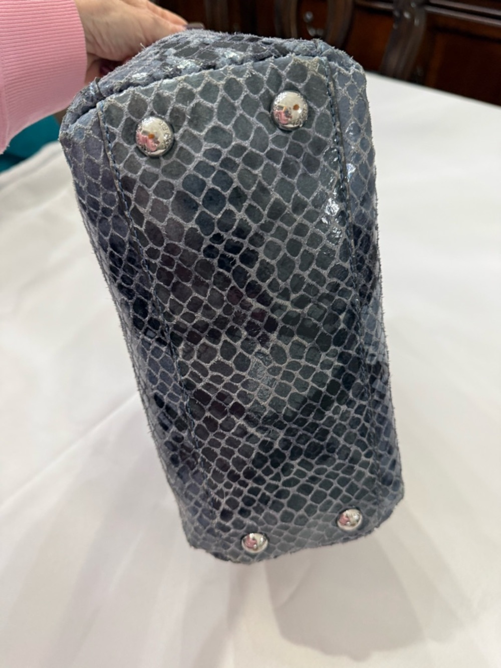 Michael Kors Gray-Blue Snake-Print Tote with Chain Handles - Picture 5 of 6